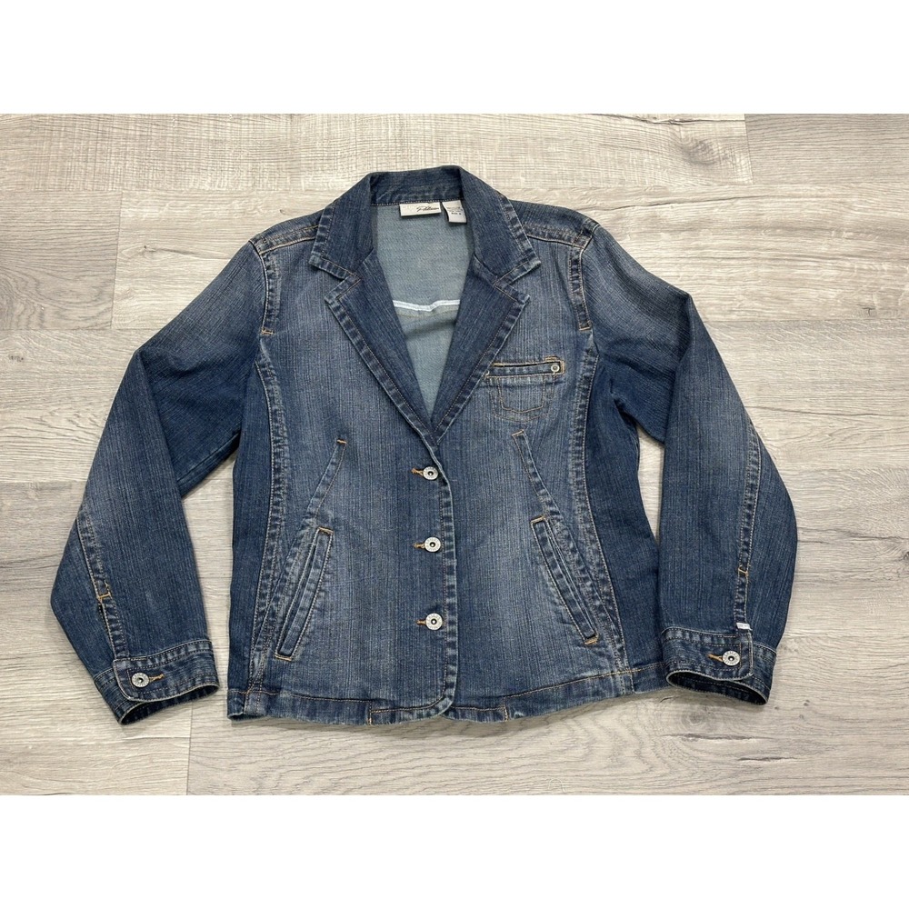 Chicos Platinum Denim Blazer Jacket Size 0 Blue Medium Wash 3-Button Fitted